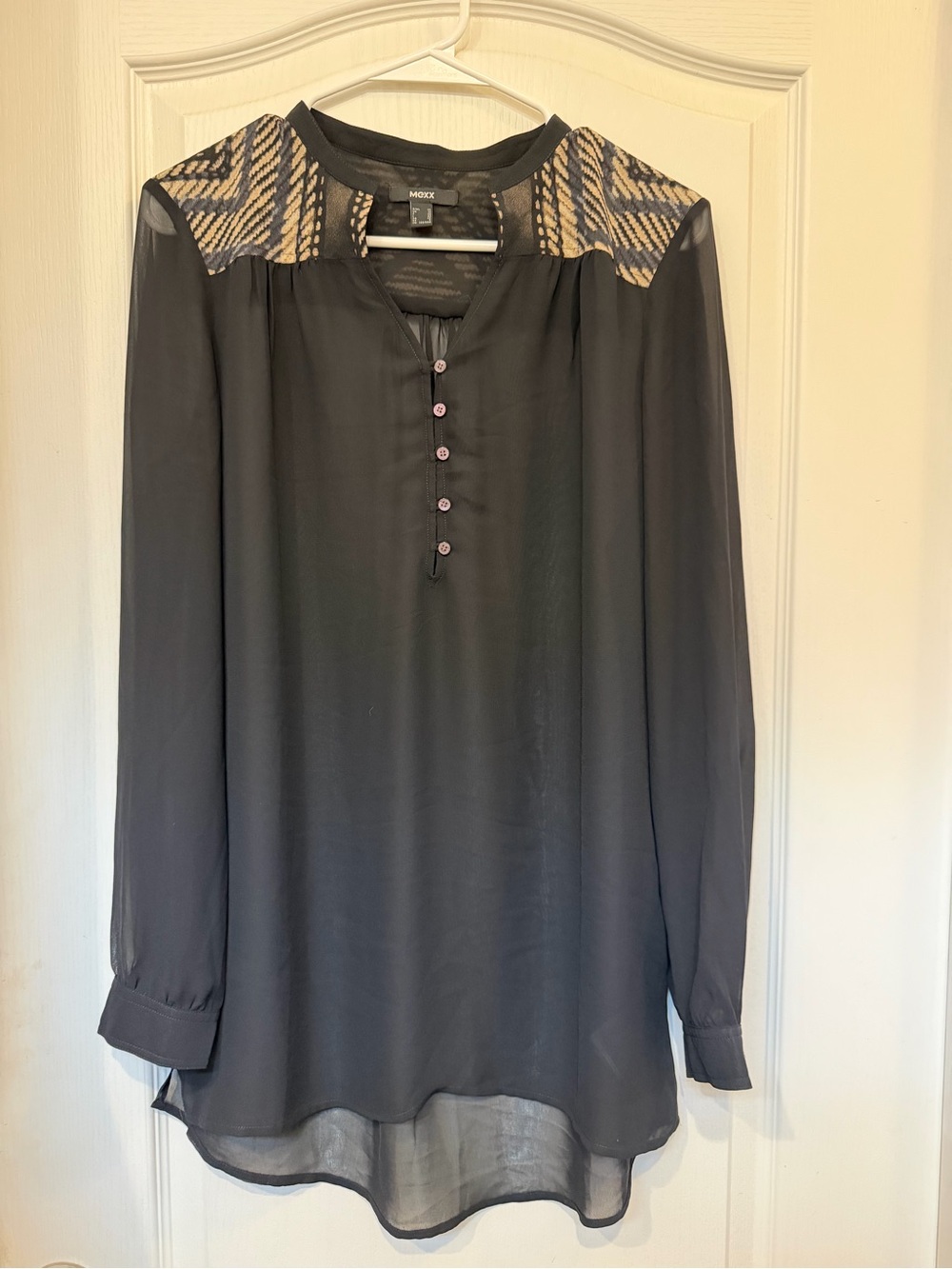 MEXX Blouse 38 US 6 Black Sheer Long Sleeve Embroidered Yoke Boho Tunic Top